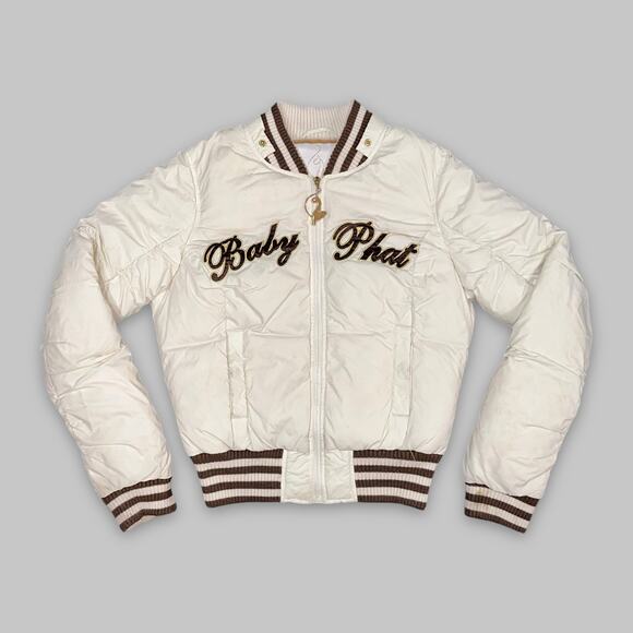 Vintage Baby Phat White Puffer Bomber Jacket with Brown Striped Trim – Size L - Picture 1 of 7